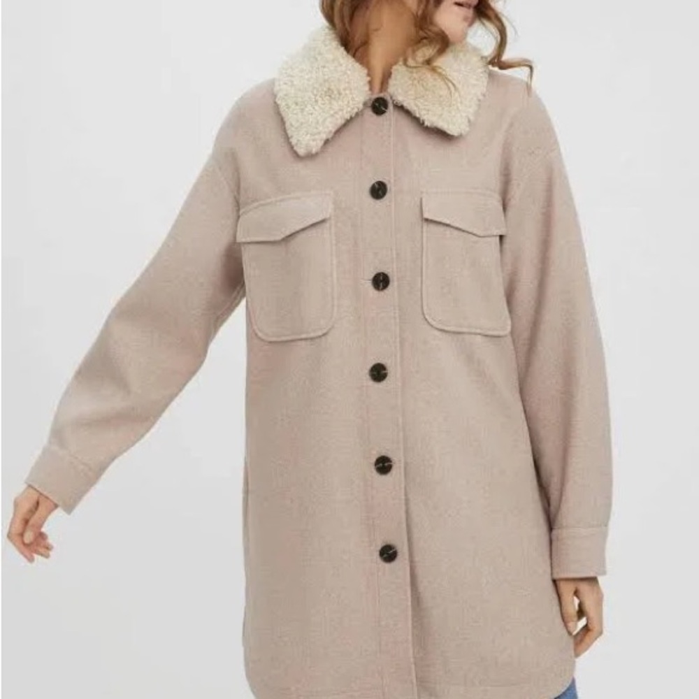 Vero Moda Tan Teddy Jacket with Cream Sherpa Collar